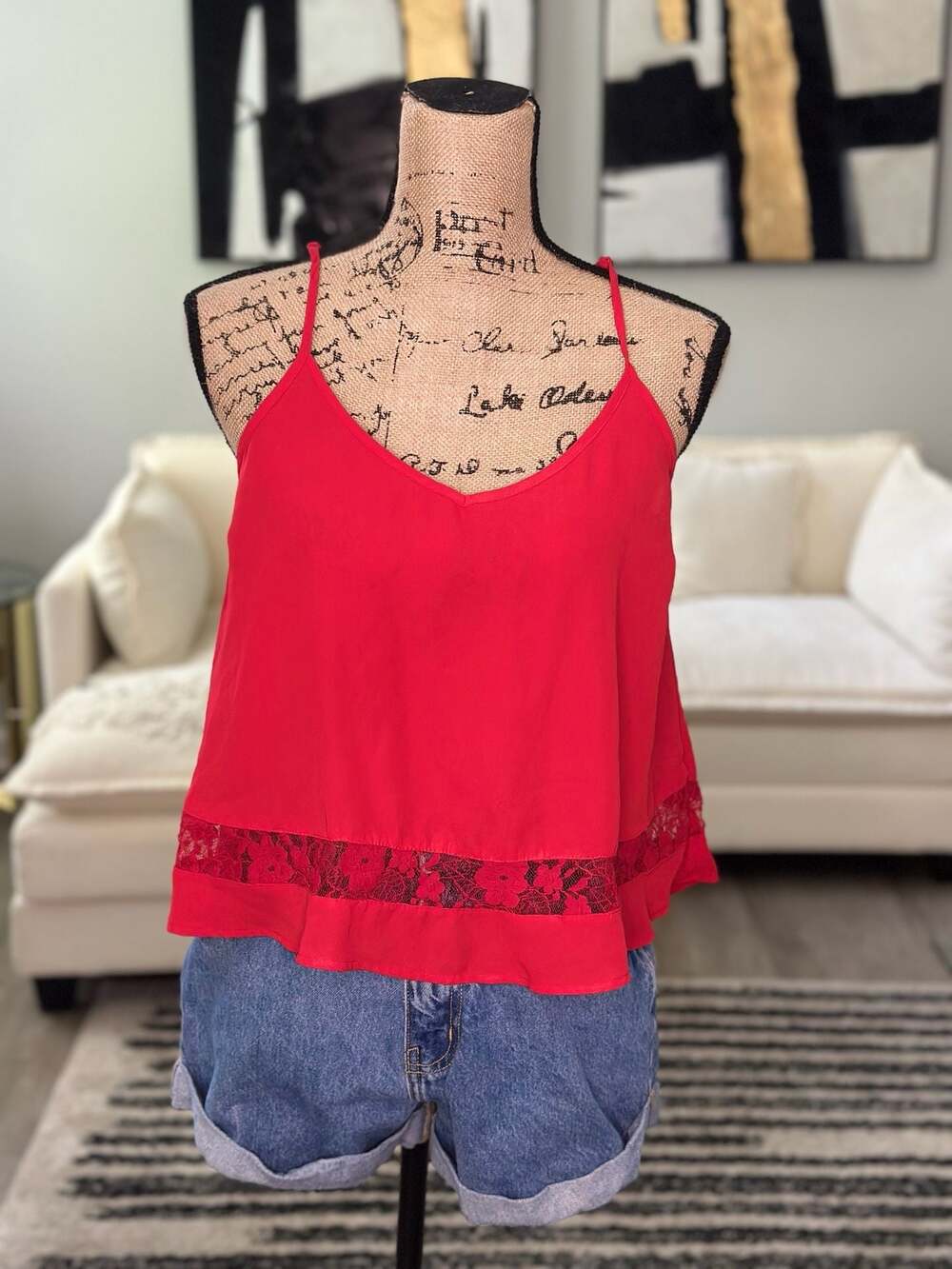 Ambiance Apparel Red Sleeveless Cami Top with Lace Inset
